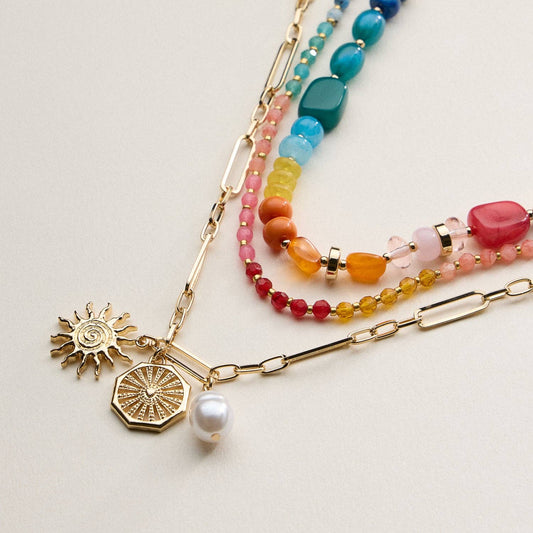 Layered Beaded and Chain Necklace with Sun and Pearl Charms