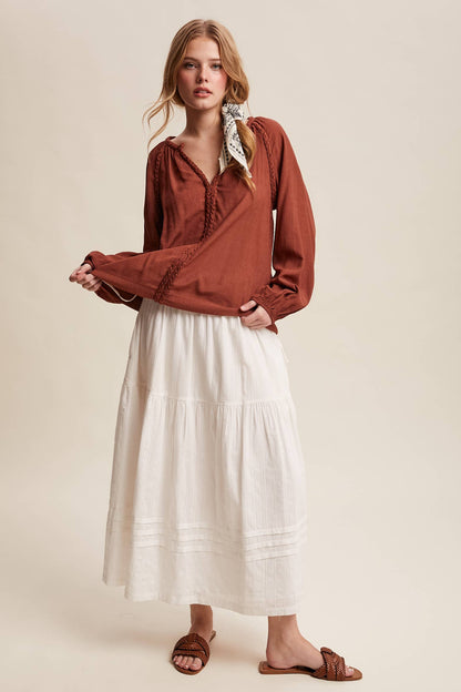 Braided Trim Split V-Neck Blouse