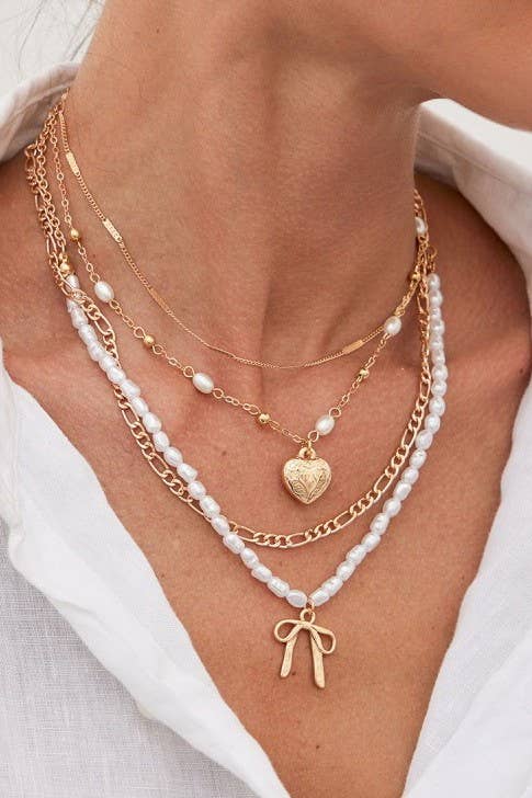Bow Pearl Heart Layered Necklace