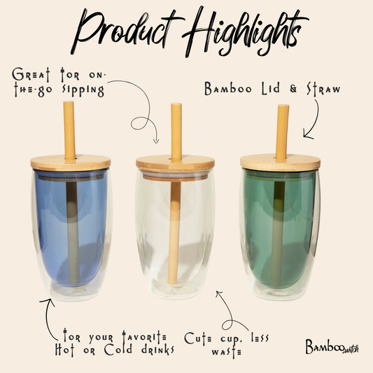 Reusable Glass Tumbler Cup + Bamboo Straw