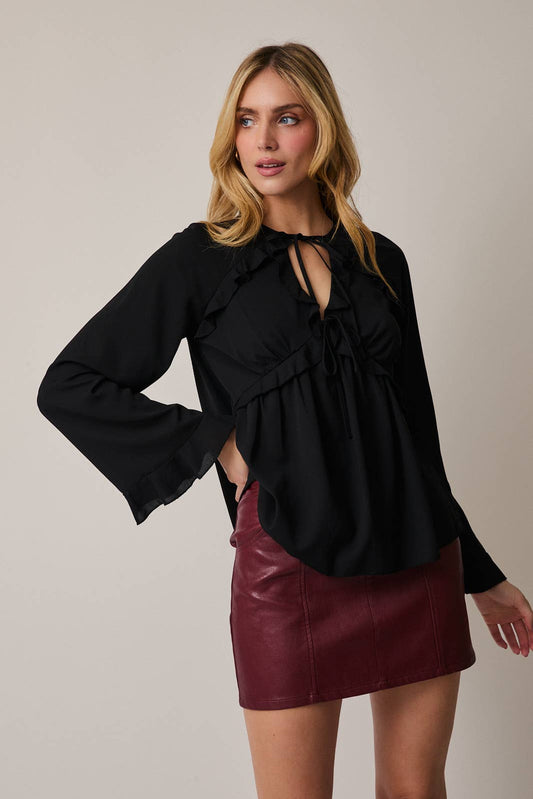 Long Sleeve Front Tie Ruffle Blouse
