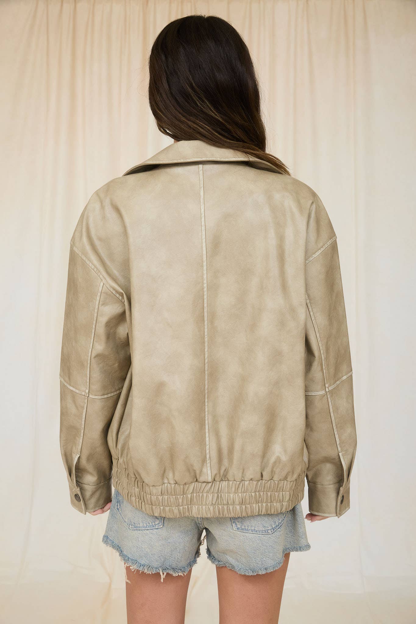 Washed Faux Leather Collared Zip-Up Jacket