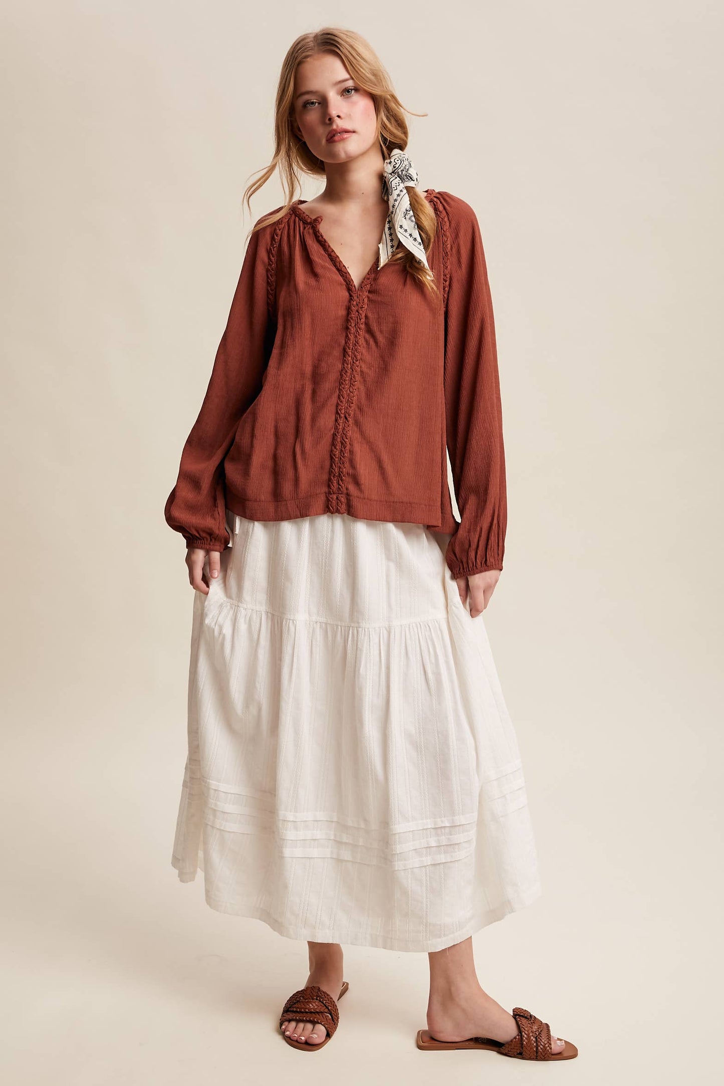 Braided Trim Split V-Neck Blouse